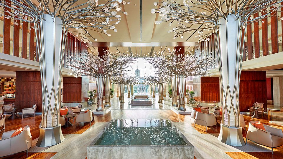 The lobby at Mandarin Oriental Jumeira is designed to lead your eyes to the sea