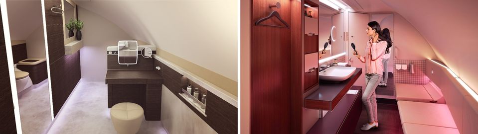 Flush with success: A380 first class washrooms from Singapore Airlines (left) and Qatar Airways (right).