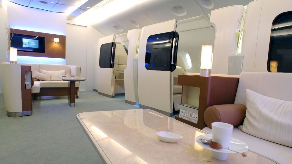 Airbus kept the middle of the upper deck open as a social space for first class flyers.